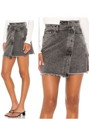 Free People Parker - Washed Black Asymmetric Wrap Denim Mini Skirt